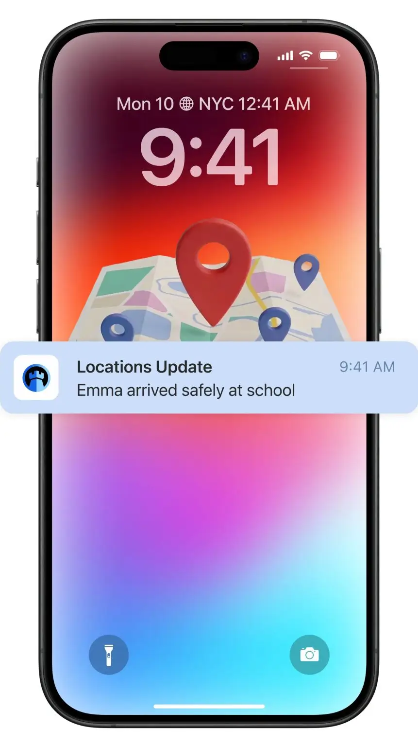 OneHaven phone screen showing a safe arrival location alert on a map